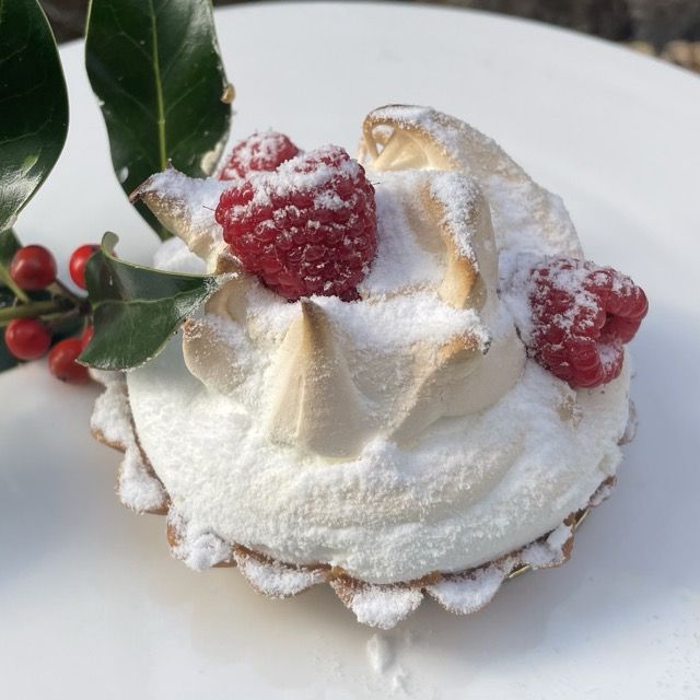 Raspberry meringue tart dusted with icing sugar