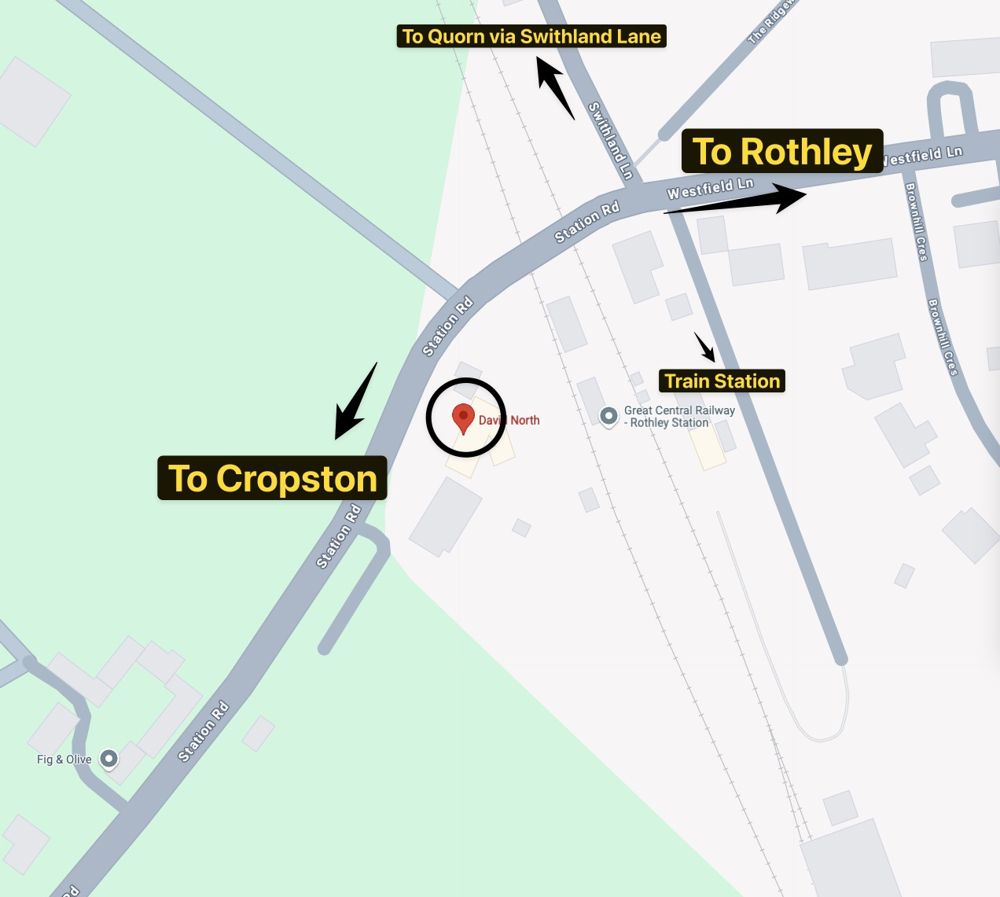 Map showing North’s Deli on Station Road, next to Rothley station